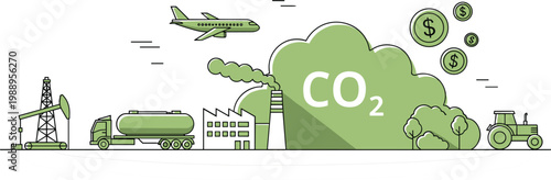 Environmental Impact Icon Set Featuring CO2 Emissions, Industrial Pollution, Greenhouse Gas, and Economic Effects for Sustainability and Climate Change Awarenes