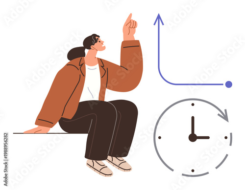 Time management, productivity, goal setting, decision making, personal growth, progress. A seated person points to a rising graph and a clock. Time management and productivity concept