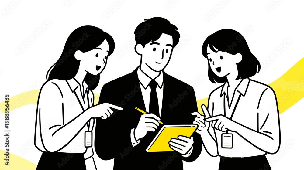 Fototapeta premium Minimalist flat vector illustration three business people in discussion around a tablet