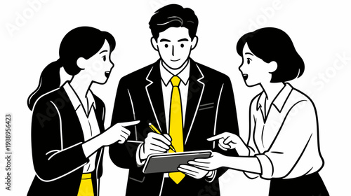 Minimalist flat vector illustration three business people in discussion around a tablet