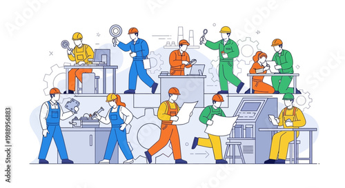 Workers in a factory setting labor.