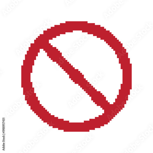 Red prohibited sign pixel art icon for retro game UI and restriction warnings in 8-bit style.