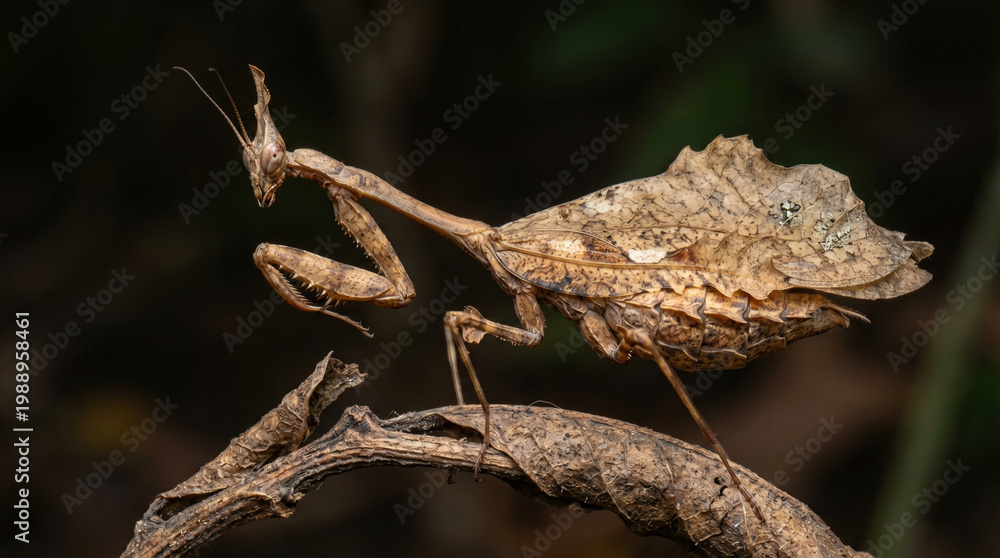 Fototapeta premium Dead leaf mantis camouflaged on a dry branch in the dark forest
