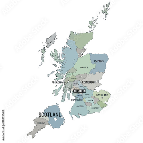 Scotland Map with Regions and Cities Highlighted, Vector Illustration