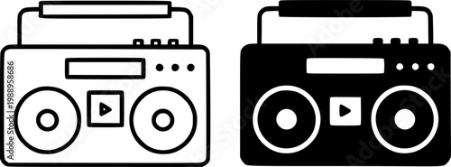 Boombox minimalist icon in outline and silhouette design, isolated on transparent background