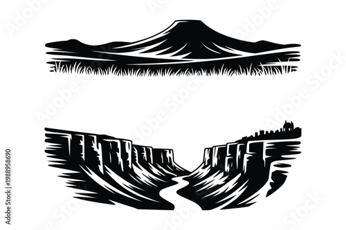 Stylized mountain peak and deep canyon with river vector landscape illustrations