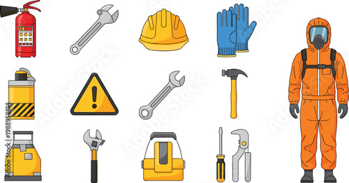 Industrial safety vector icons showing protective equipment, fire extinguisher, tools, hazmat suit, hard hat, gloves, and caution signs
