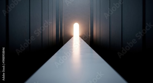 Bright light at the end of a dark corridor with white floor and vertical black walls creating a sense of hope and direction