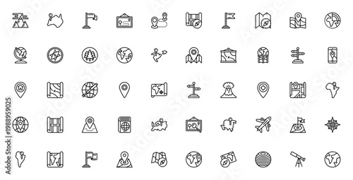 Geography icon set. Vector map and location symbols. Includes globe, compass, flags, continents, mountains, volcano, forest, itinerary, explore and more. Editable stroke.