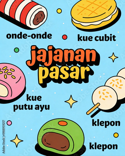 A collection of assorted traditional Indonesian snacks on a light blue background, showcasing Jajanan Pasar in an appetizing illustration.