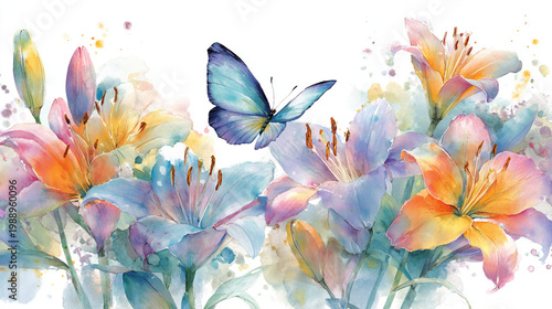 watercolor botanical butterfly and flowers texture template background.Elegant wedding invitation card background . Minimal hand painted Design for wedding or Valentine's Day