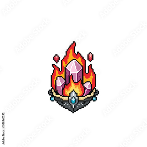 A pixel art illustration featuring glowing pink crystals engulfed in vibrant orange flames, set within an ornate, jewel-encrusted metal base.