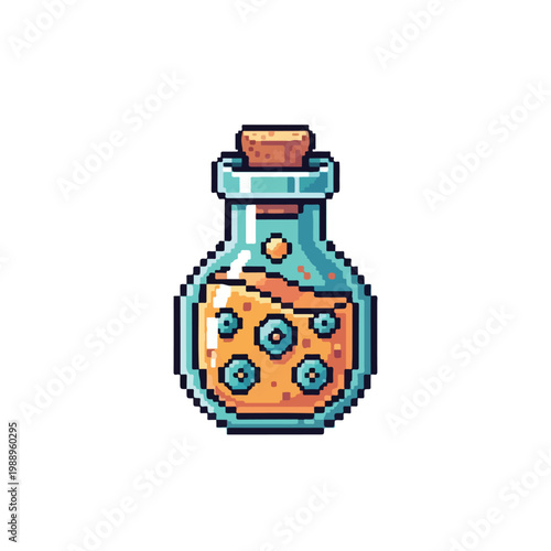 A charming pixel art illustration of a rounded glass potion bottle filled with a mysterious orange liquid containing several blue eye-like objects.