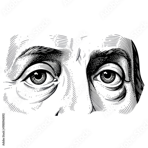 Close-up of Benjamin Franklin's eyes, engraving style, historical portrait detail