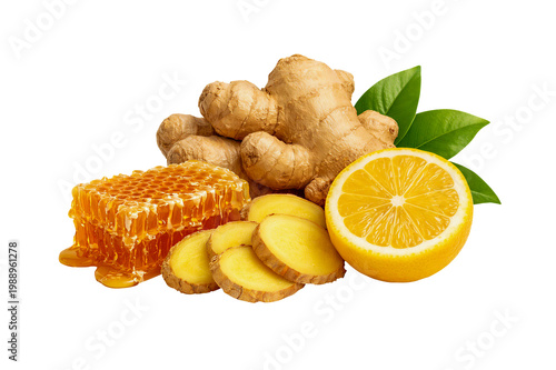 Fresh ginger lemon honey slices isolated on transparent background healthy ingredients
