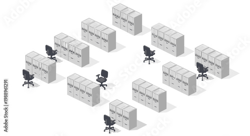 Orderly isometric office environment showcases numerous rows of grey storage cabinets paired with ergonomic black rolling chairs on a clean white floor.
