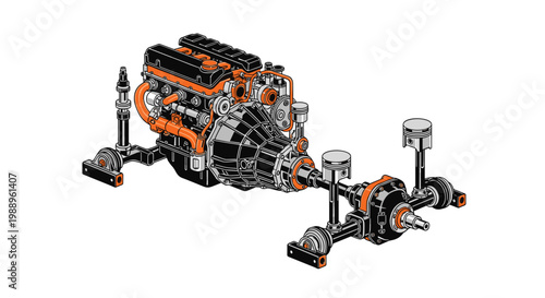 Meticulous technical illustration displays a powerful automotive engine and drivetrain assembly featuring vibrant orange accents against a clean white background.