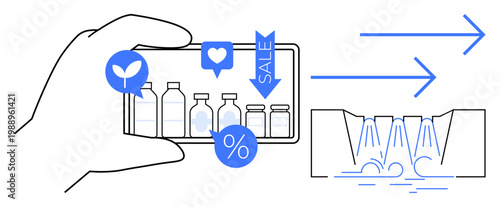 Online shopping, sustainability, eco-consciousness, digital marketing, e-commerce, recycled packaging. Hand holding phone with bottles, social icons. Online shopping and sustainability concepts
