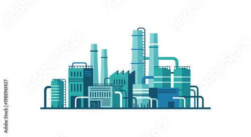 A dense industrial refinery complex rendered in various shades of teal and blue features numerous tall smokestacks and intricate piping on white.