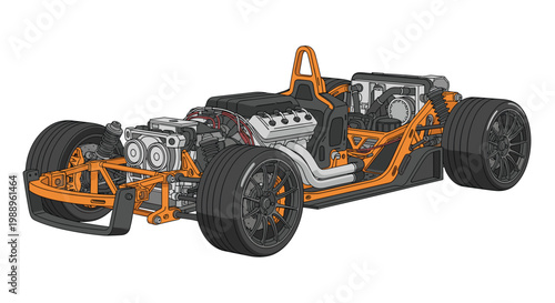 A meticulous racing car chassis with a bright orange tubular frame showcases a detailed engine and complex suspension against a white background.