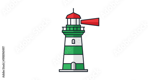 A tall lighthouse with horizontal green and white stripes stands prominently with a red lantern room emitting a small red light beam on a white backdrop.