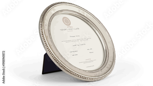 A silver framed certificate on a black stand with a white background