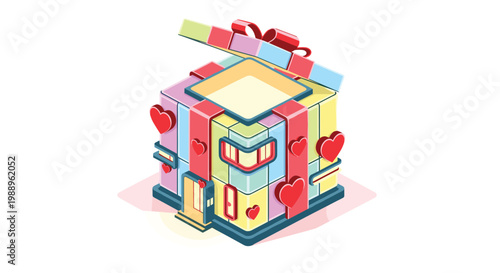 A charming and vibrant isometric building meticulously designed to resemble a festive gift box wrapped in colorful panels and decorated with red hearts.