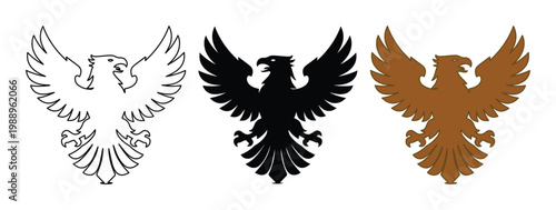Set of 3 Eagle Heraldry Vector Icons in Outline, Black, and Brown