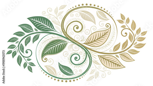 A beautiful vector graphic illustration of intertwined leaves and vines in green and gold