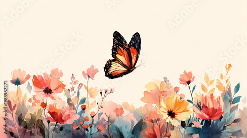 watercolor botanical butterfly and flowers texture template background.Elegant wedding invitation card background . Minimal hand painted Design for wedding or Valentine's Day