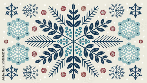 A festive winter vector graphic featuring a large snowflake with smaller snowflakes and berries