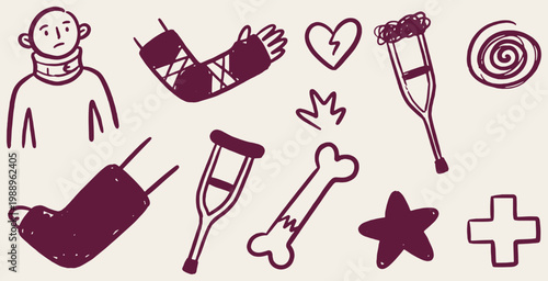 Collection of hand-drawn medical injury icons including a person with a neck brace, broken bones, crutches, and a cast.