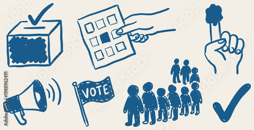 Collection of hand-drawn icons representing the voting process, including a ballot box, voting booth, and people in line.
