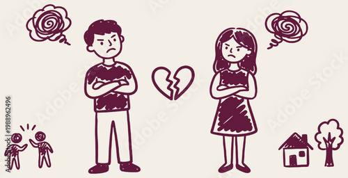 Couple arguing with a broken heart symbol between them, representing relationship problems and conflict.
