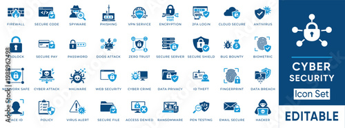 Cyber security icon set. featuring network protection, data encryption, malware detection, and zero trust elements in blue solid style for digital safety and privacy.
