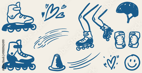 Collection of hand-drawn rollerblading elements including skates, protective gear, and motion lines, perfect for sports or lifestyle designs.