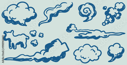 Slika na platnu Collection of hand-drawn blue smoke and cloud elements in a doodle style
