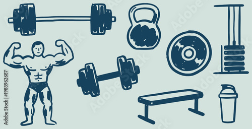 Collection of hand-drawn fitness and weightlifting equipment icons, including a bodybuilder, dumbbells, barbells, kettlebell, weight plates, bench, and shaker bottle.