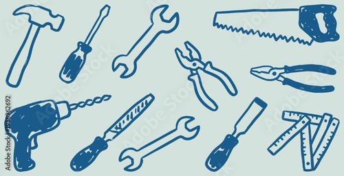 Collection of hand-drawn tools including a hammer, screwdriver, wrenches, pliers, saw, drill, file, chisel, and folding ruler.