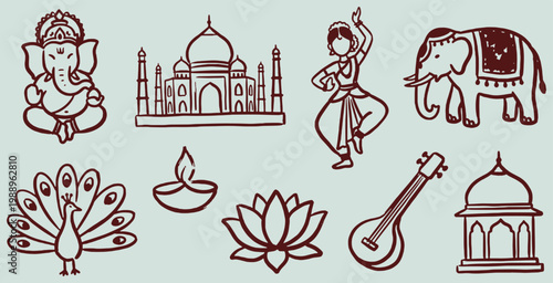 Collection of Indian cultural icons including Ganesha, Taj Mahal, dancer, elephant, peacock, diya, lotus, sitar, and temple.