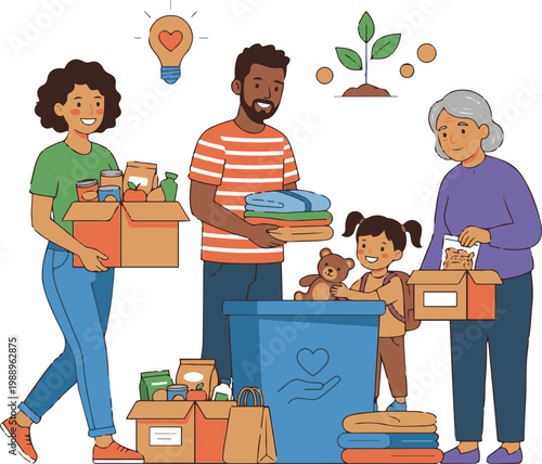 Illustration of a diverse group of people donating food, clothes, and toys, showing community support, kindness, and charitable giving. Perfect for themes of volunteering, social aid, and humanitarian