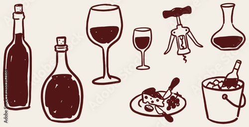 A collection of hand-drawn illustrations featuring wine bottles, glasses, a corkscrew, and a cheese platter, perfect for beverage-related themes.