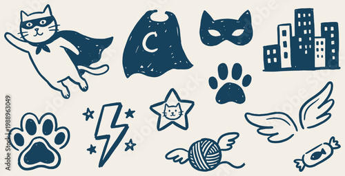 Cute hand-drawn superhero cat illustrations with related elements like capes, masks, and city buildings.