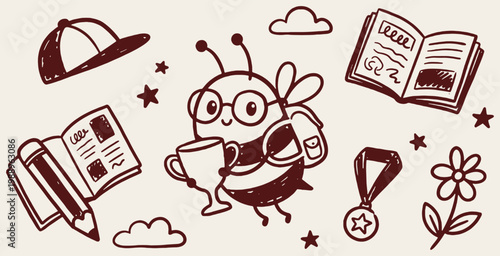 Cute cartoon bee character holding a trophy, surrounded by school supplies and symbols of achievement.