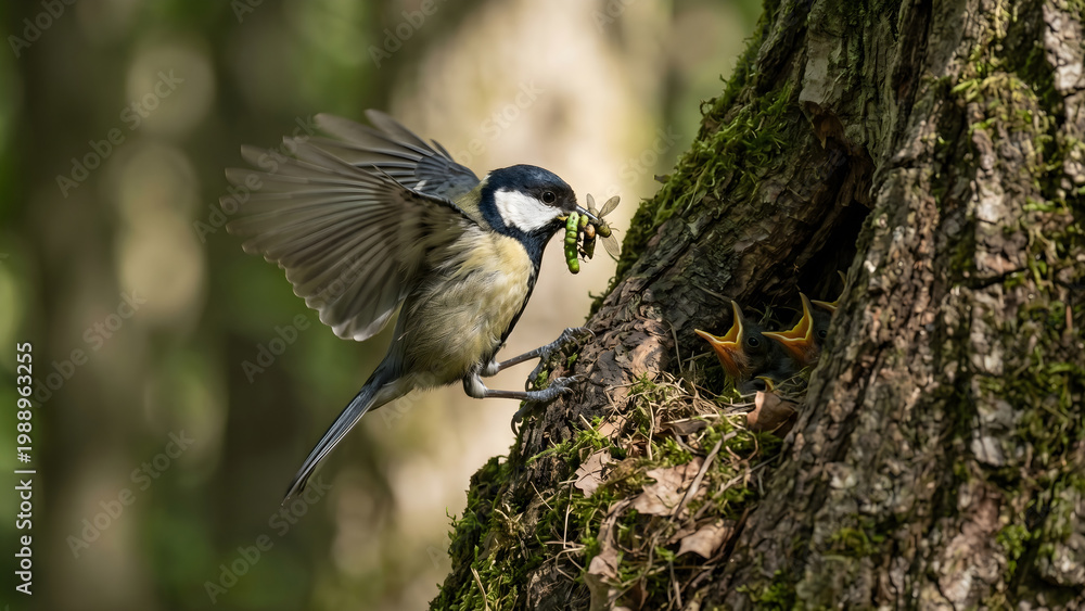 Obraz premium Close-up of a small bird feeding its chicks on a mossy tree trunk in a natural forest environment, capturing a tender wildlife parenting moment.