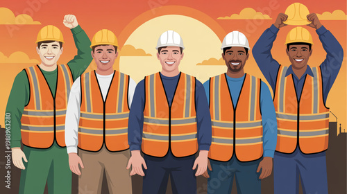 Construction workers, laborers, engineers, safety vests, hard hats