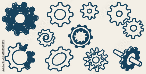 A collection of hand-drawn gears and cogs in various sizes and styles, representing mechanics and engineering.