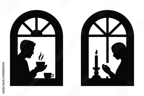 Cozy window moments: man drinking coffee and woman with candle silhouette icons