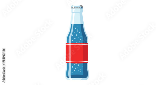 A refreshing glass bottle filled with bubbly blue soda and featuring a prominent blank red label stands isolated against a pristine white background.