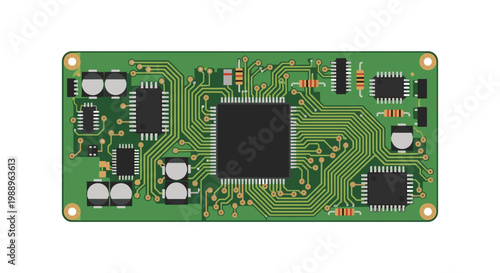 A detailed green printed circuit board showcases a complex network of golden copper traces connecting a large central processor and various electronic parts.